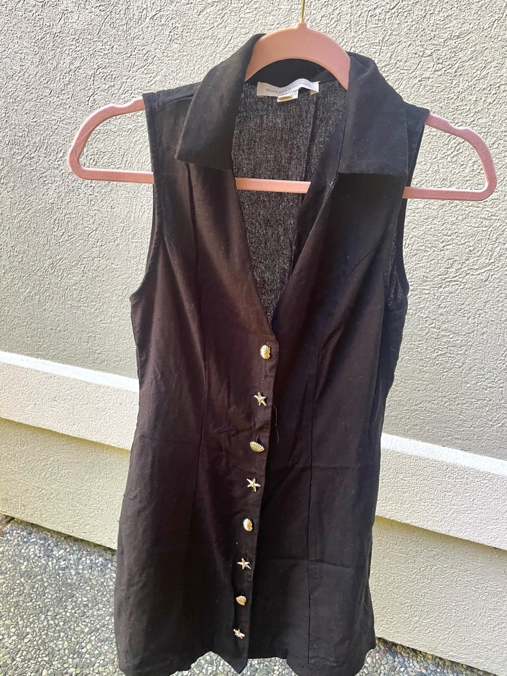Monteau Black Sleeveless Mini Dress with Gold Shell Buttons linen blend